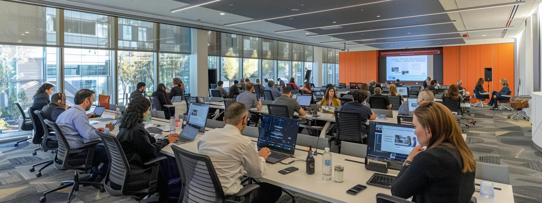 a bustling modern office setting showcases a diverse group of executives engaged in a strategic coaching workshop, with dynamic visuals highlighting digital transformation strategies and collaboration.
