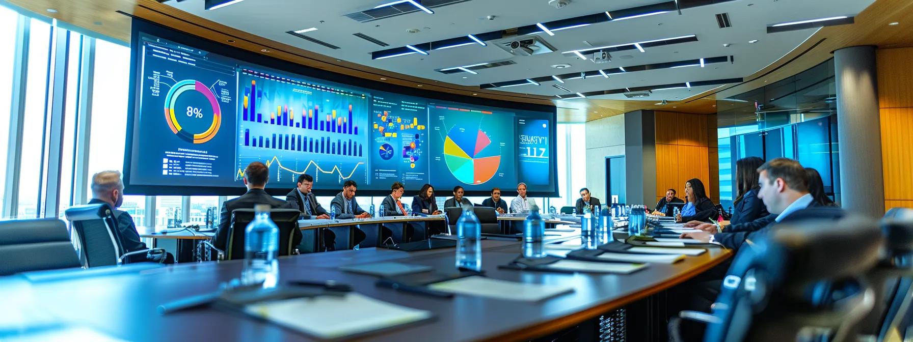 a dynamic corporate conference room filled with senior executives engaged in an interactive vision-mapping workshop, showcasing colorful charts and strategic frameworks on large screens, all bathed in bright, artificial light to emphasize collaboration and innovation. a dynamic corporate conference room filled with senior executives engaged in an interactive vision-mapping workshop, showcasing colorful charts and strategic frameworks on large screens, all bathed in bright, artificial light to emphasize collaboration and innovation.