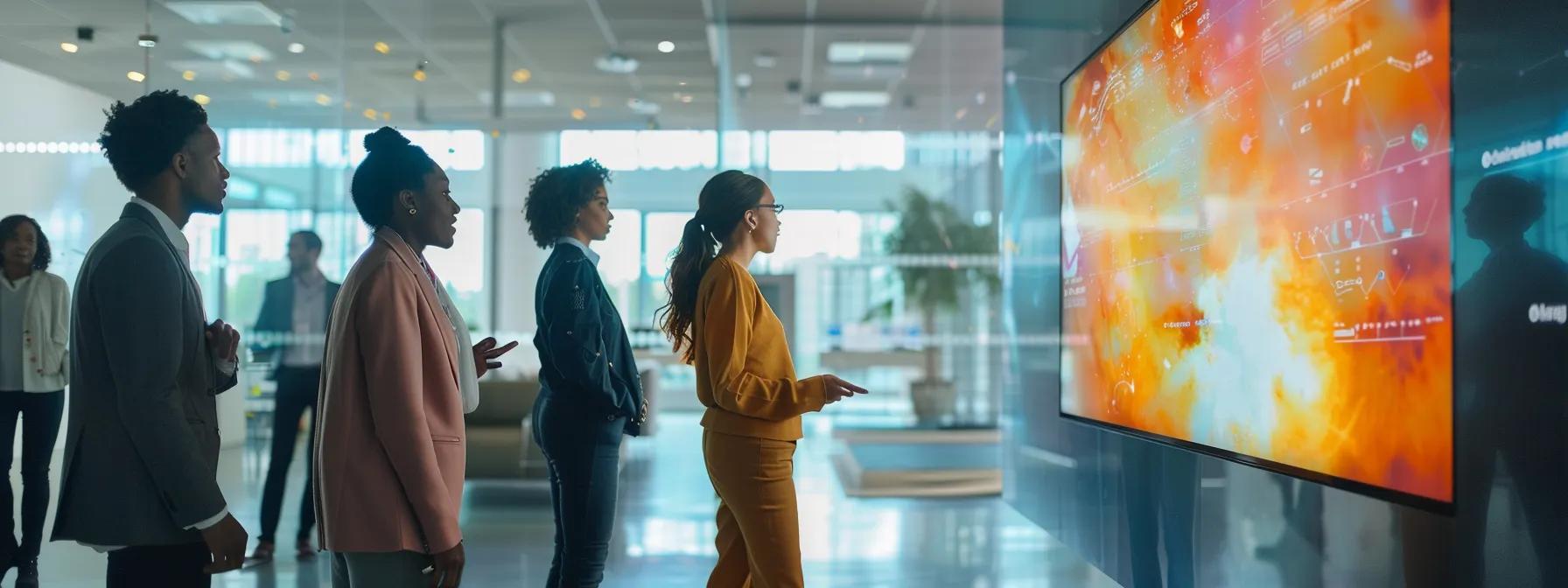 a dynamic corporate environment showcases a group of diverse leaders engaged in a lively discussion around a digital screen, illustrating the transformative shift from transactional to transformational leadership amidst vibrant data visuals and interactive learning modules.