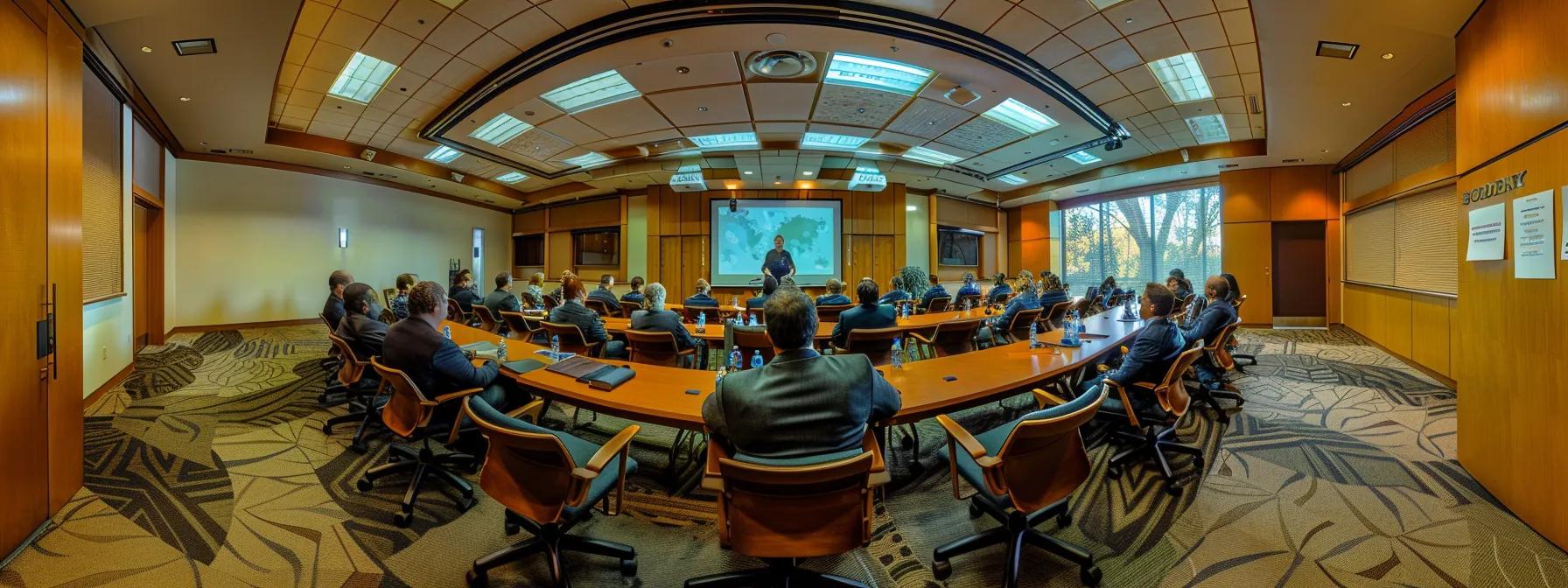 a dynamic corporate training room filled with engaged leaders and a confident coach at the front, emphasizing the impactful exchange of ideas and strategic decision-making during a vibrant coaching session.