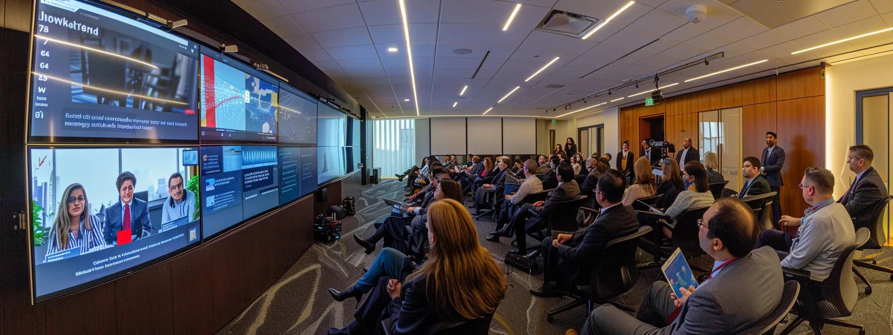 a dynamic corporate training room showcases a diverse group of professionals engaging in an interactive leadership development workshop, featuring vibrant digital displays and collaborative workstations, illustrating the future of mentorship and curriculum in business.