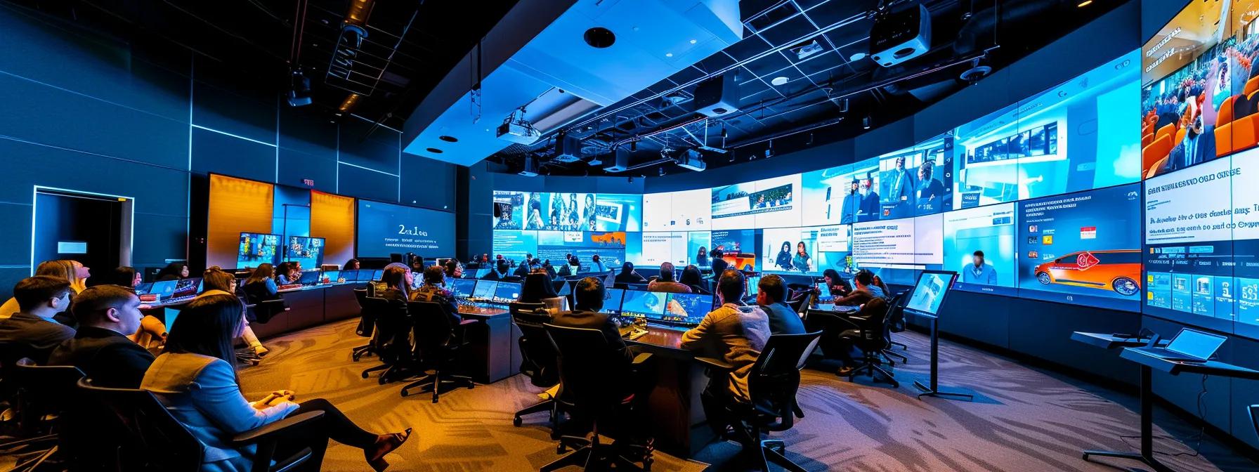 a dynamic corporate training room filled with engaged employees participating in a high-energy workshop, surrounded by interactive digital displays showcasing gamified learning modules and real-time performance data.