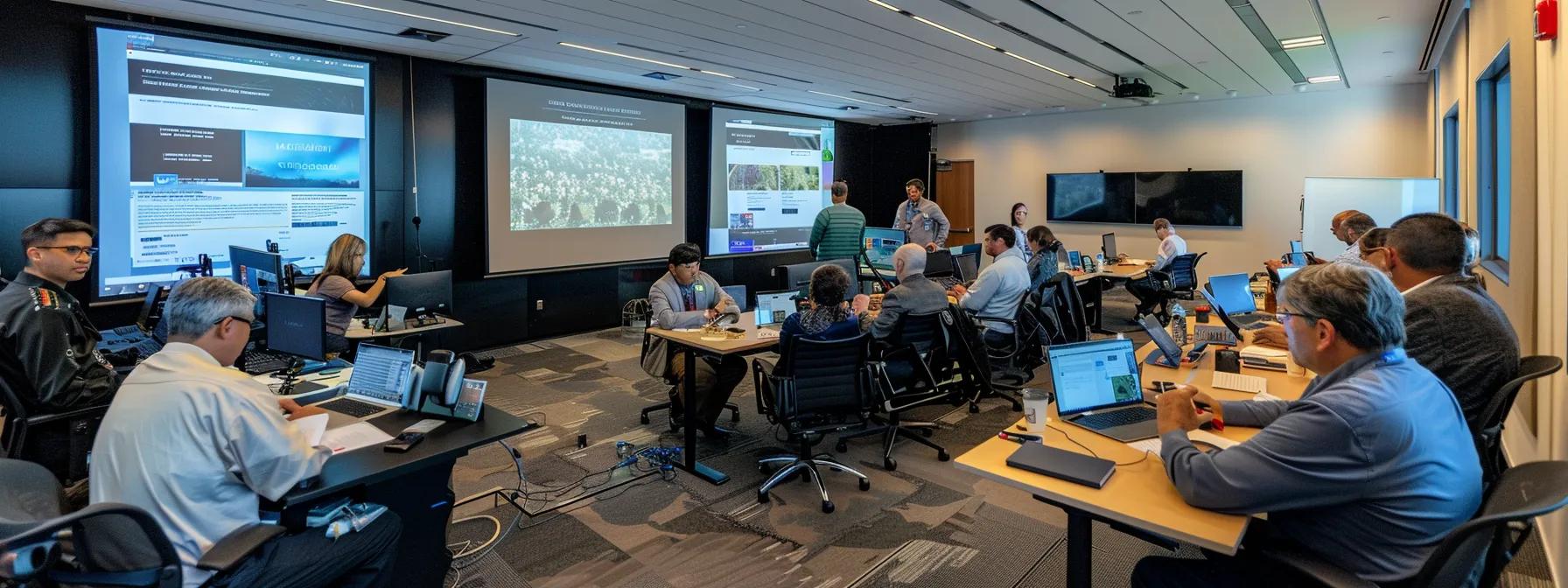 a dynamic corporate workshop environment showcases engaged participants discussing assessment metrics while evaluating performance on digital devices, with a backdrop of sleek desks and modern technology emphasizing a focus on continuous growth and leadership development. a dynamic corporate workshop environment showcases engaged participants discussing assessment metrics while evaluating performance on digital devices, with a backdrop of sleek desks and modern technology emphasizing a focus on continuous growth and leadership development.