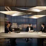 a dynamic executive team engaged in a focused brainstorming session around a sleek conference table, illuminated by modern pendant lighting in a contemporary office space, exuding energy and collaboration.