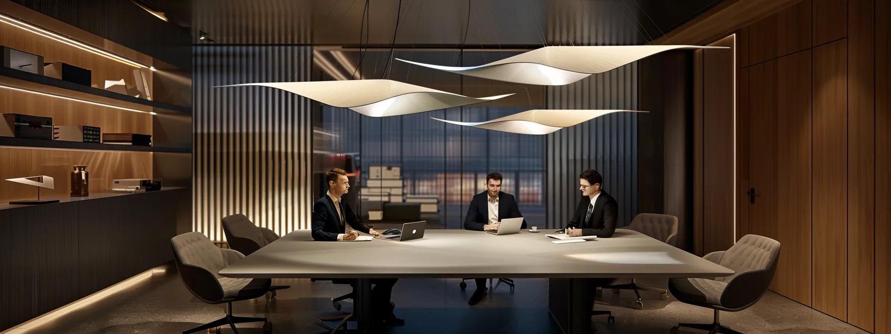 a dynamic executive team engaged in a focused brainstorming session around a sleek conference table, illuminated by modern pendant lighting in a contemporary office space, exuding energy and collaboration.