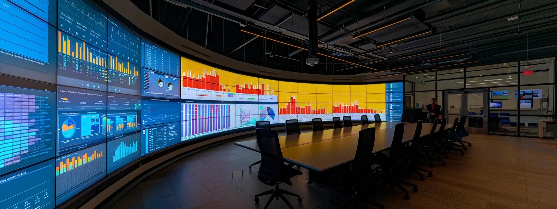 a dynamic executive workspace featuring a large digital dashboard displaying 360° feedback metrics, leadership scorecards, and collaborative tools, with engaged professionals discussing strategies around a sleek conference table bathed in bright artificial lighting. a dynamic executive workspace featuring a large digital dashboard displaying 360° feedback metrics, leadership scorecards, and collaborative tools, with engaged professionals discussing strategies around a sleek conference table bathed in bright artificial lighting.