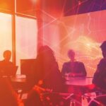a dynamic office environment showcasing a diverse group of professionals engaging collaboratively around a sleek conference table, with modern branding elements and digital presentations illuminating the room, emphasizing innovative leadership transformation strategies for the modern workplace.