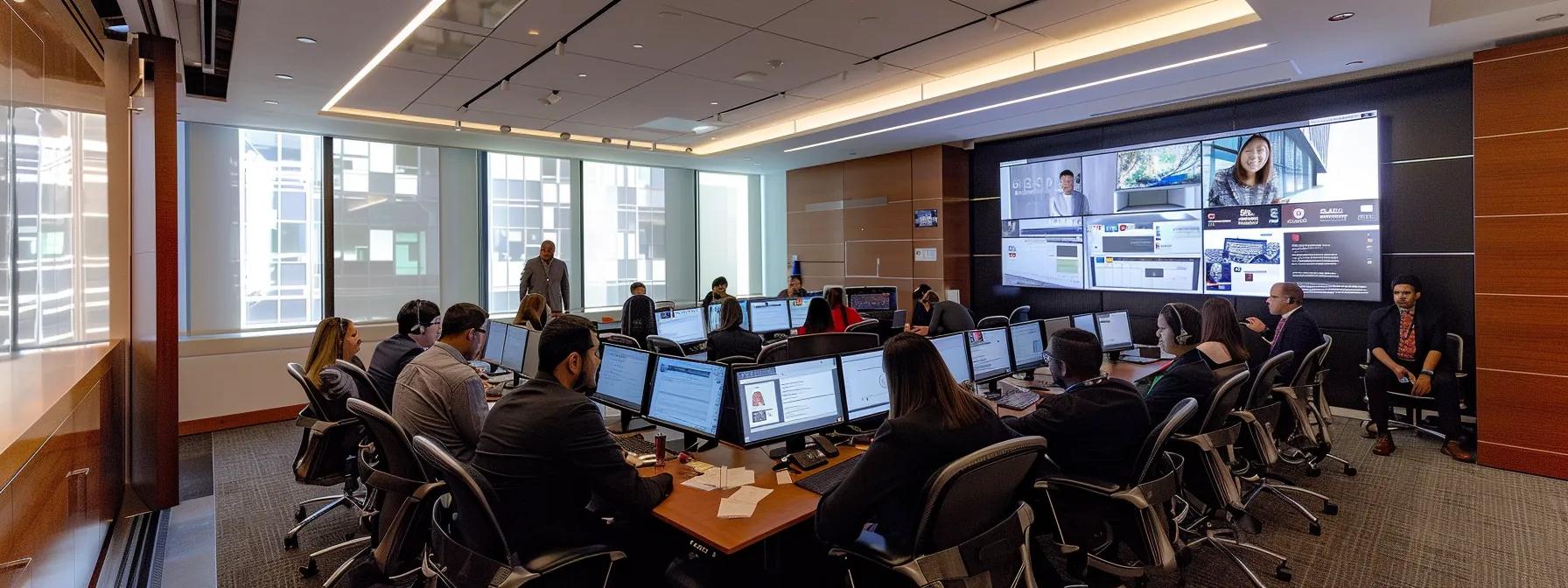 a dynamic office environment showcases a diverse group of professionals engaged in a focused strategy session, with digital talent management and succession planning tools displayed on sleek monitors, emphasizing collaboration and forward-thinking leadership preparation.