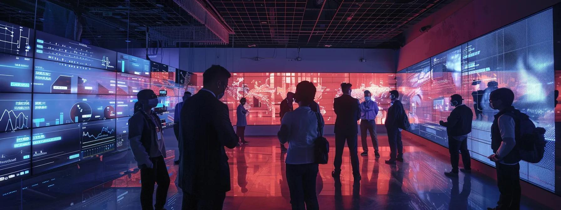 a dynamic office environment featuring a diverse group of professionals engaged in a collaborative strategy session, surrounded by digital leadership dashboards and transformation diagrams, highlighting teamwork and innovation in advanced leadership practices.