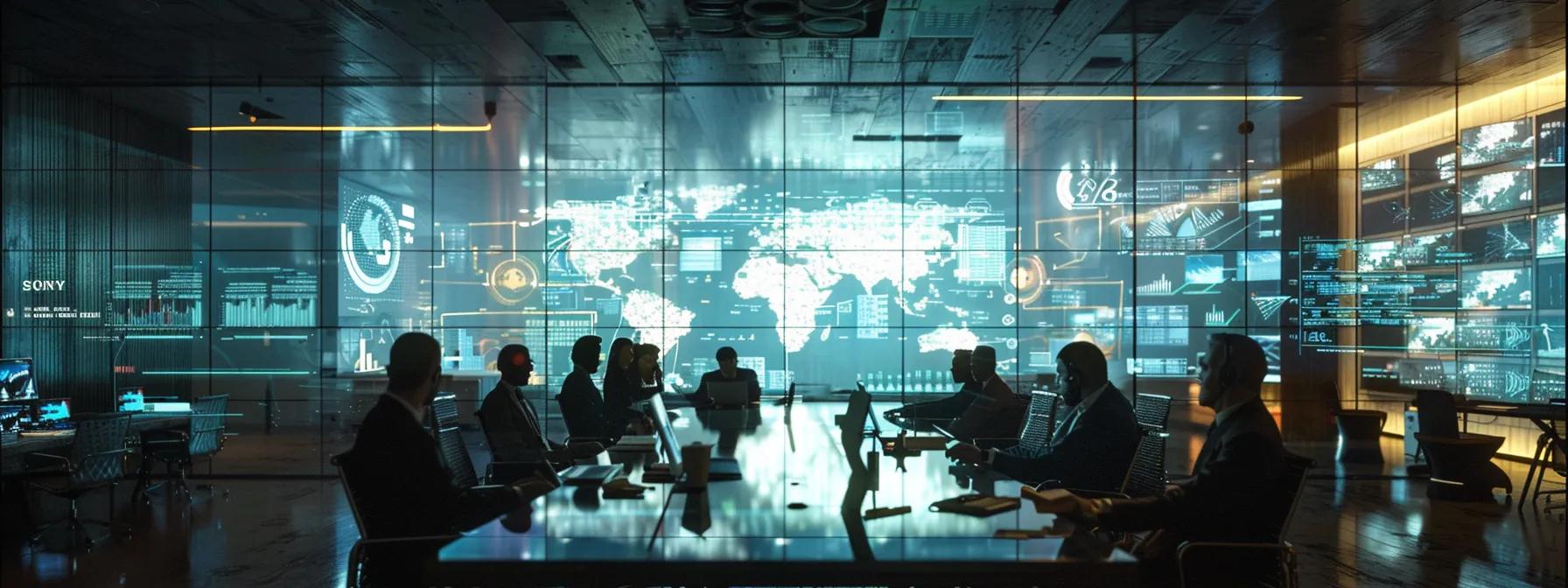 a dynamic office environment filled with engaged team members collaboratively brainstorming around a modern glass table, showcasing an atmosphere of psychological safety and empowered leadership, enhanced by vibrant, interactive digital analytics displays on the walls.