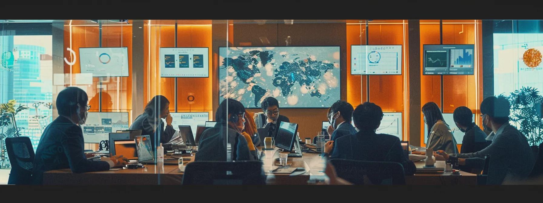 a dynamic office environment showcases a diverse group of professionals engaged in an animated kaizen huddle, surrounded by digital dashboards displaying metrics and vibrant recognition boards, embodying a culture of continuous improvement and leadership development. a dynamic office environment showcases a diverse group of professionals engaged in an animated kaizen huddle, surrounded by digital dashboards displaying metrics and vibrant recognition boards, embodying a culture of continuous improvement and leadership development.