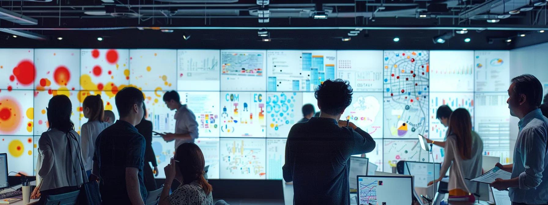 a dynamic office environment showcases a diverse team engaged in a collaborative brainstorming session, surrounded by digital whiteboards displaying strategic growth initiatives and innovation metrics, under warm, focused lighting. a dynamic office environment showcases a diverse team engaged in a collaborative brainstorming session, surrounded by digital whiteboards displaying strategic growth initiatives and innovation metrics, under warm, focused lighting.