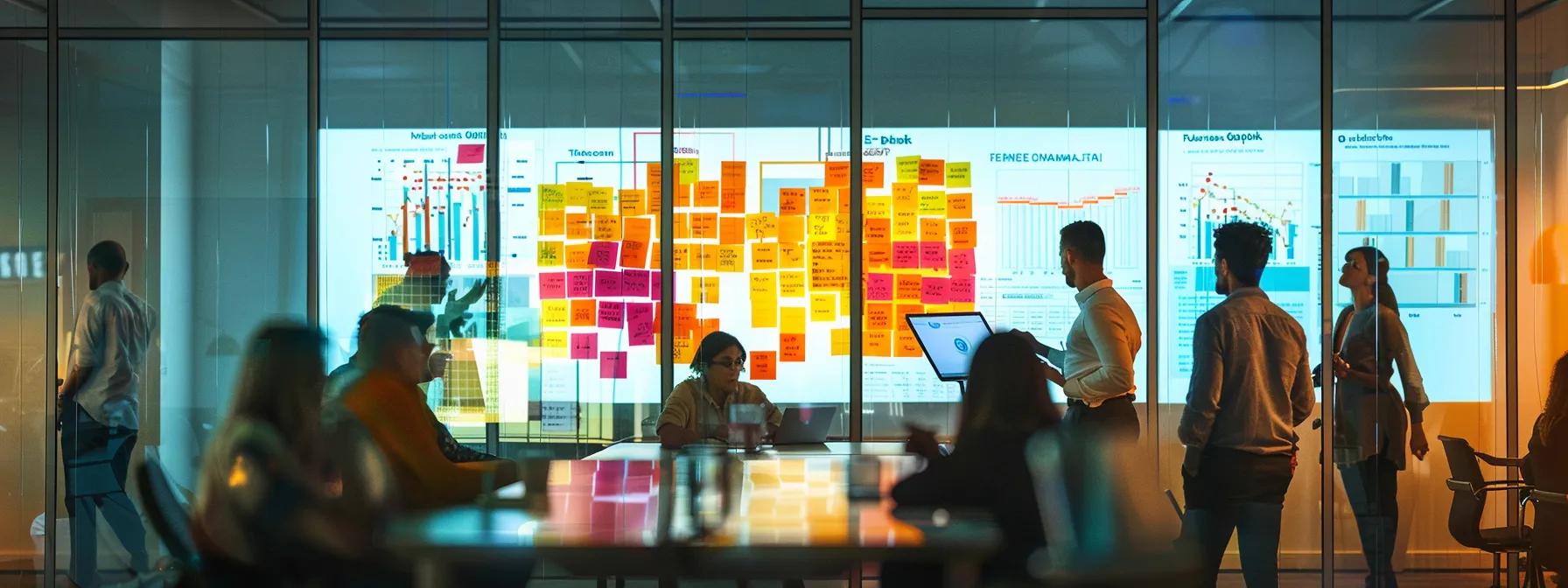 a dynamic office meeting room filled with diverse team members actively engaging in a structured brainstorming session, with a large whiteboard displaying colorful sticky notes and charts that illustrate collaborative goals, all illuminated by bright, focused lighting to symbolize a high-performance work atmosphere.