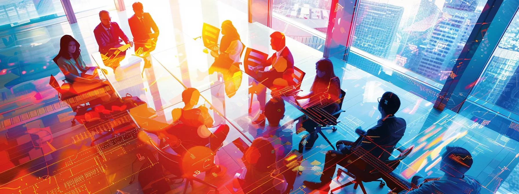 a dynamic office setting showcases a focused productivity coaching session, with a diverse group of engaged employees surrounding a contemporary conference table, actively participating in goal-setting discussions backed by digital performance dashboards, emphasizing collaboration and individual growth.