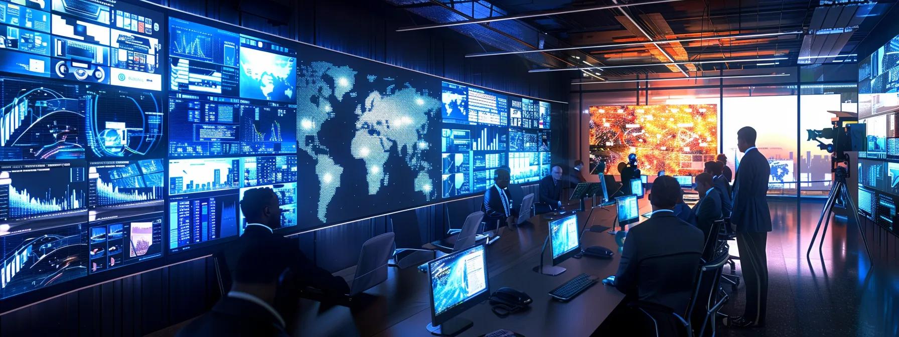 a dynamic office setting showcases a diverse group of executives engaged in a strategic brainstorming session, surrounded by digital data screens and brainstorming tools that highlight the essence of advanced leadership competencies such as innovation, emotional intelligence, and resilience.