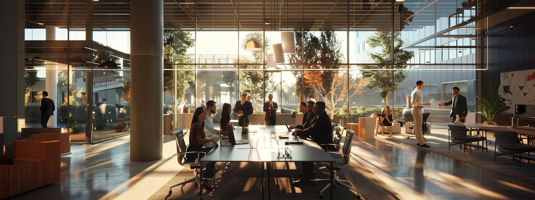 a dynamic office setting showcases a diverse group of professionals engaged in an animated discussion around a sleek conference table, emphasizing collaborative leadership strategies for sustainable growth amidst modern architecture and technology.
