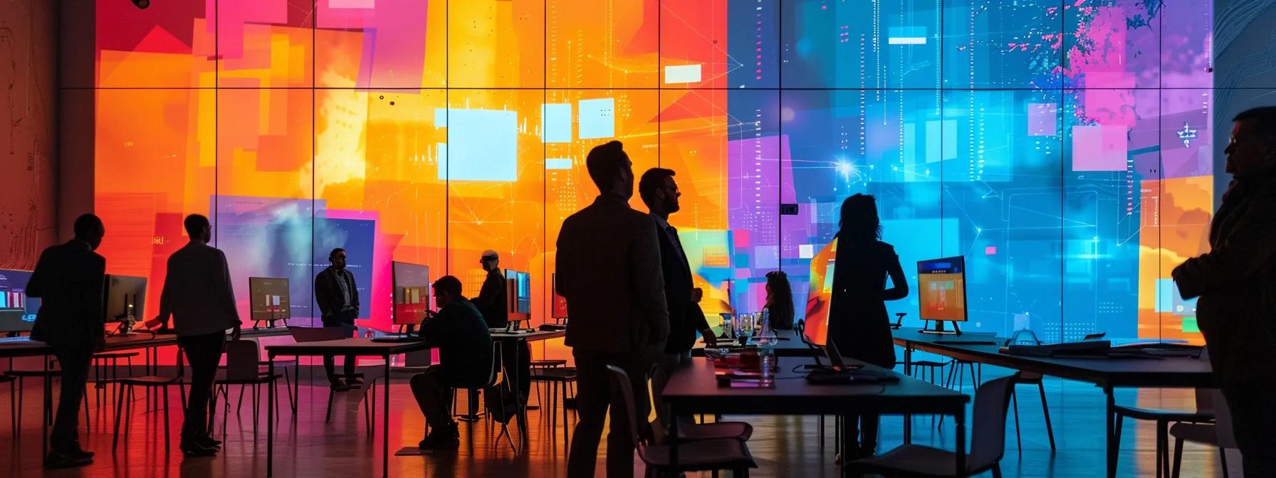 a dynamic office setting showcases a diverse group of professionals engaged in an interactive leadership training workshop, with vibrant screens displaying data analytics and strategic frameworks, highlighting the transformative impact of tailored coaching and innovative training modules.