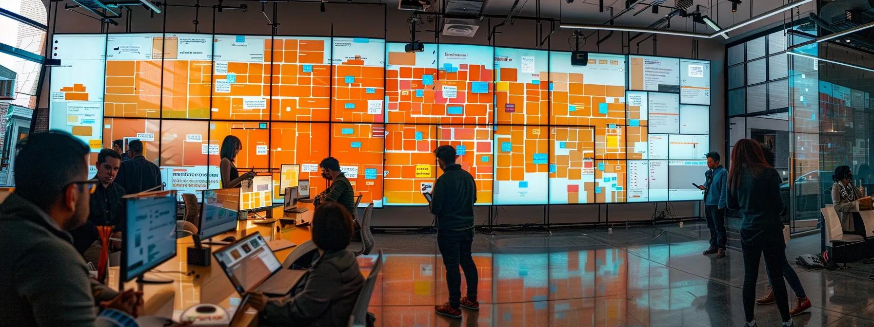 a dynamic office setting showcases a diverse team collaborating around a large digital whiteboard filled with colorful sticky notes, highlighting iterative feedback loops and agile frameworks, as they actively strategize and map out solutions for enhancing organizational agility. a dynamic office setting showcases a diverse team collaborating around a large digital whiteboard filled with colorful sticky notes, highlighting iterative feedback loops and agile frameworks, as they actively strategize and map out solutions for enhancing organizational agility.