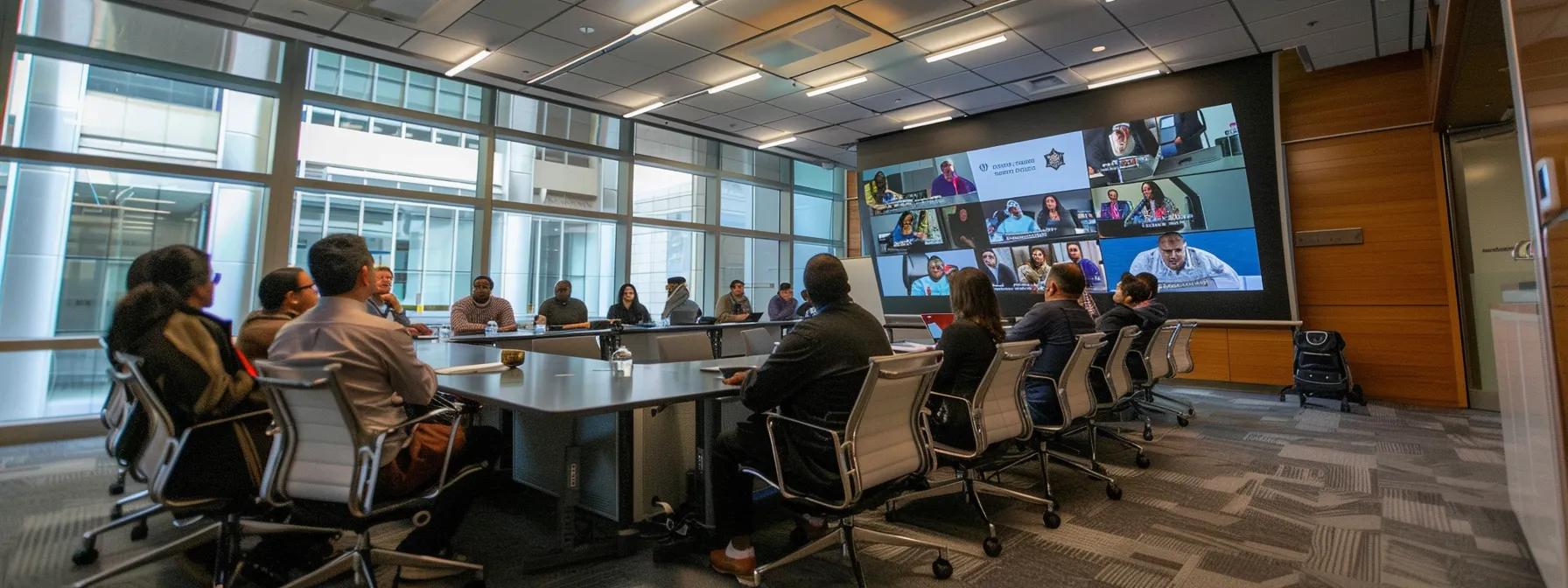a dynamic office training session showcases engaged employees gathered around a sleek conference table, with vibrant visuals on a digital screen inspiring motivation and teamwork.