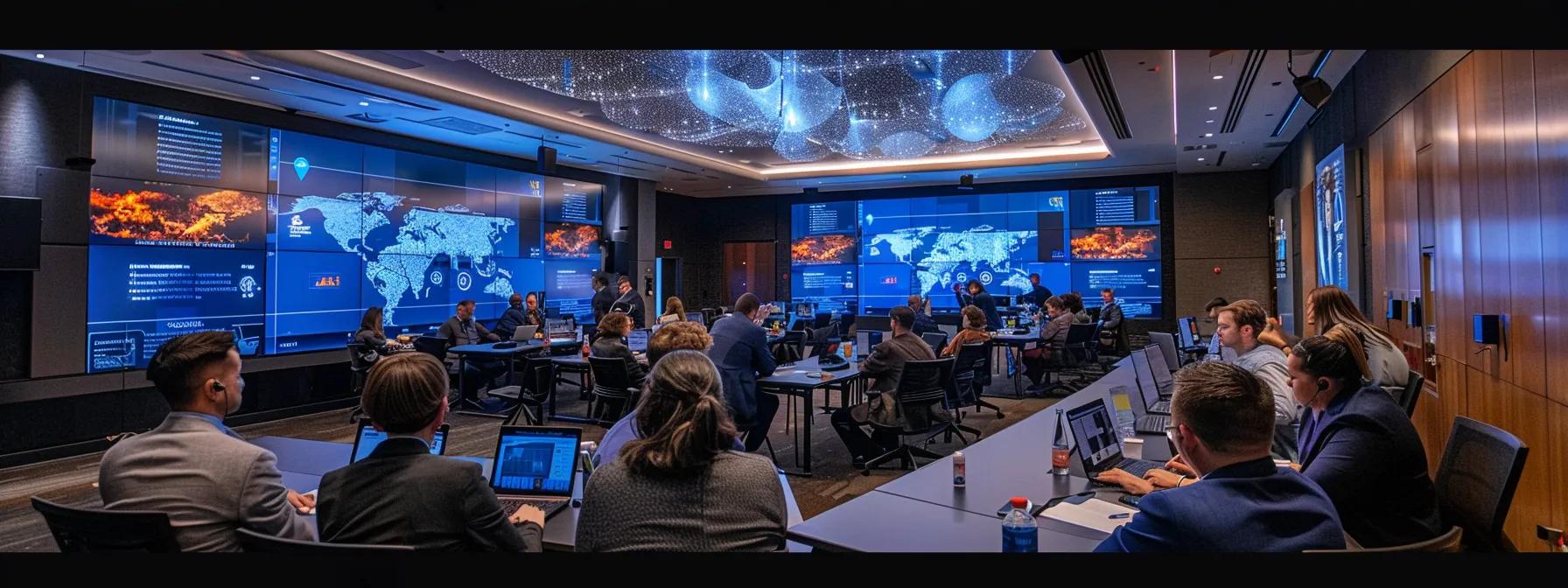 a dynamic urban conference room filled with a diverse group of professionals engaged in a high-stakes crisis management simulation, complete with interactive screens displaying real-time data and the intensity of collaborative decision-making. a dynamic urban conference room filled with a diverse group of professionals engaged in a high-stakes crisis management simulation, complete with interactive screens displaying real-time data and the intensity of collaborative decision-making.