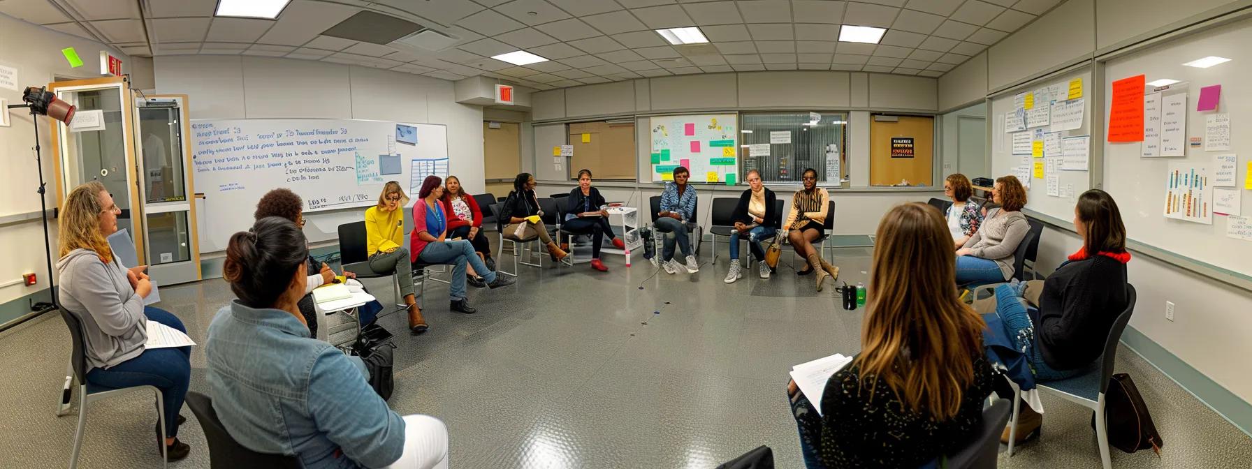 a dynamic workshop room filled with diverse team members engaged in lively discussions around a large whiteboard displaying a team charter and visual aids, capturing the essence of high-performance coaching techniques focused on collaboration and trust-building. a dynamic workshop room filled with diverse team members engaged in lively discussions around a large whiteboard displaying a team charter and visual aids, capturing the essence of high-performance coaching techniques focused on collaboration and trust-building.
