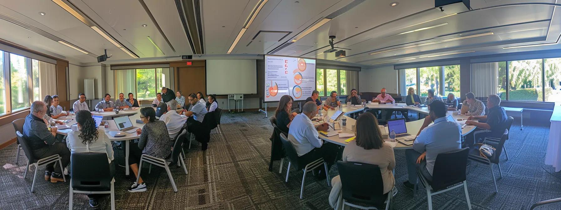 a dynamic workshop setting with diverse professionals engaged in collaborative problem-solving around a large table, surrounded by visual aids and strategic planning materials, encapsulating the essence of strategic leadership coaching and organizational capacity building.