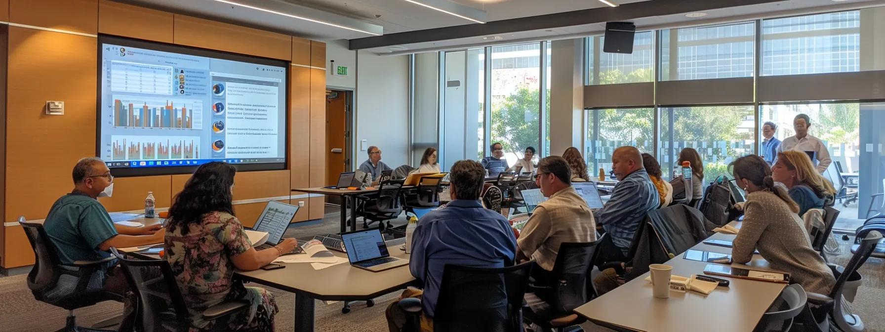 a focused and modern conference room setting, featuring a diverse group of professionals engaged in dynamic discussions around a large table, with visual aids like charts and digital screens displaying key performance metrics and organizational assessments to illustrate the customized workshop design process. a focused and modern conference room setting, featuring a diverse group of professionals engaged in dynamic discussions around a large table, with visual aids like charts and digital screens displaying key performance metrics and organizational assessments to illustrate the customized workshop design process.