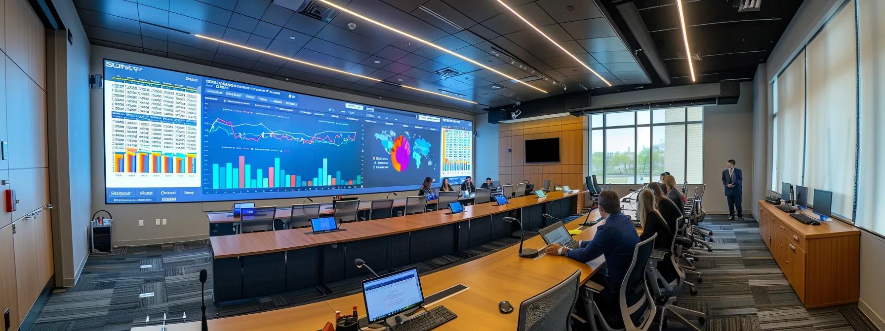 a modern conference room featuring a sleek presentation screen displaying colorful charts and metrics, with professionals engaging in a strategic planning session focused on aligning training objectives with corporate goals. a modern conference room featuring a sleek presentation screen displaying colorful charts and metrics, with professionals engaging in a strategic planning session focused on aligning training objectives with corporate goals.