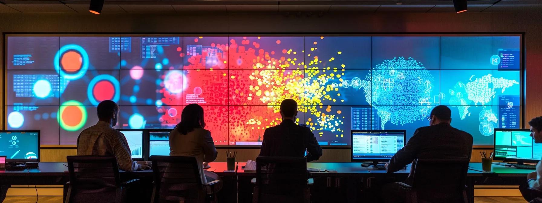 a modern conference room with sleek, glass walls, showcasing a diverse team of executives engaged in a vibrant strategy session, illuminated by dynamic lighting that highlights a digital presentation of a clear vision and metrics for organizational change management.