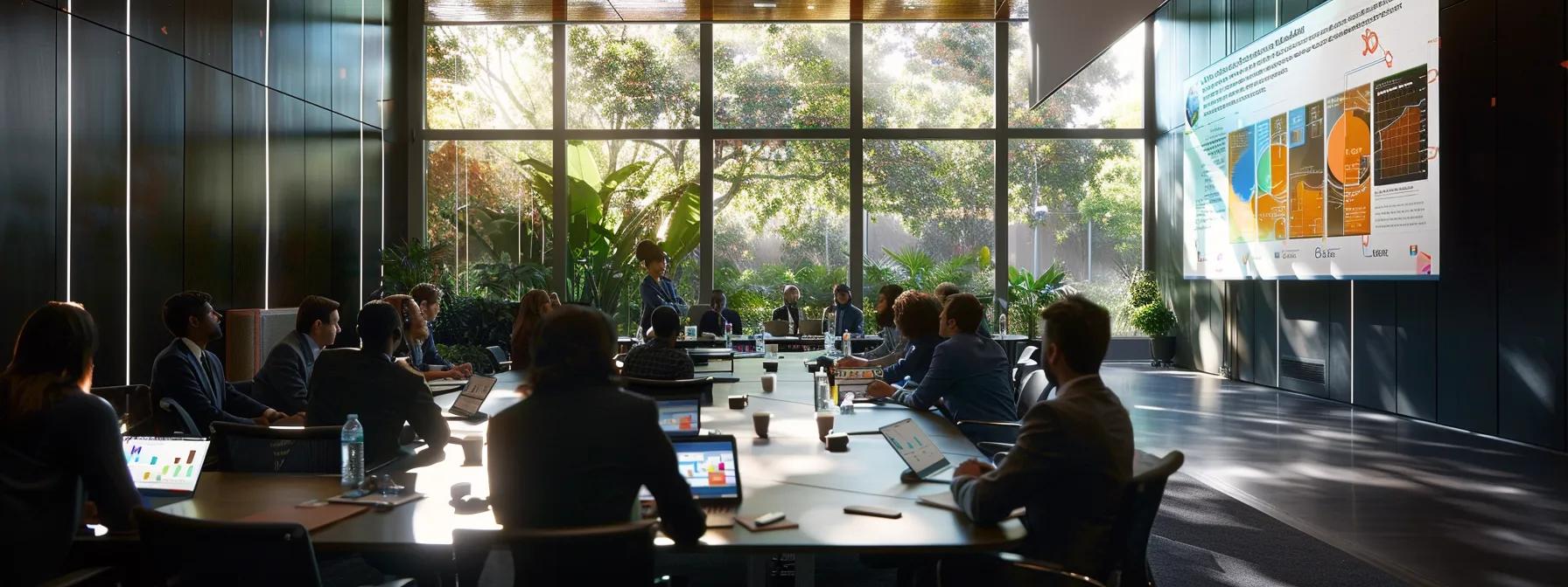 a modern corporate conference room filled with engaged executives participating in a dynamic leadership workshop, featuring interactive presentations and vibrant infographics showcasing innovative sustainability and emotional intelligence strategies. a modern corporate conference room filled with engaged executives participating in a dynamic leadership workshop, featuring interactive presentations and vibrant infographics showcasing innovative sustainability and emotional intelligence strategies.