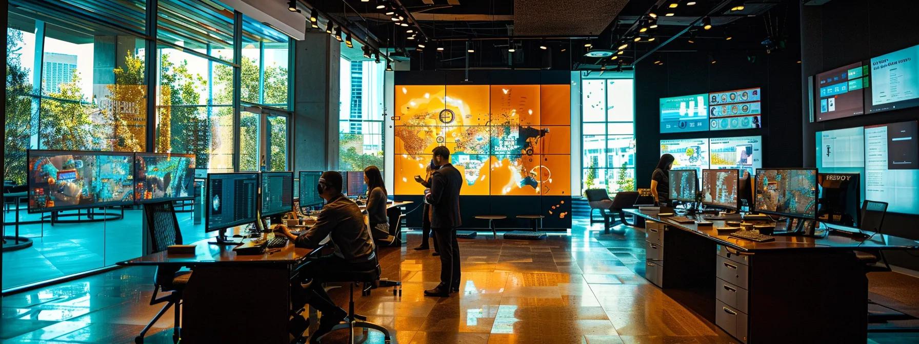 a modern office environment features a diverse group of professionals engaged in a collaborative strategy session, surrounded by digital performance dashboards and data analytics displays, showcasing the integration of innovative tools in leadership consulting and coaching.