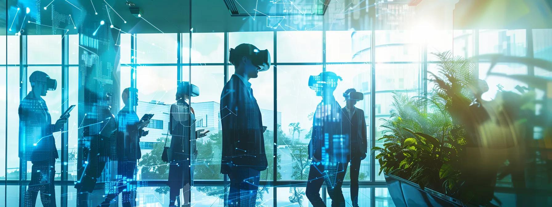 a modern office environment features a diverse group of professionals engaging with immersive vr headsets and interactive data dashboards, showcasing the transformative impact of ai-driven leadership training solutions. a modern office environment features a diverse group of professionals engaging with immersive vr headsets and interactive data dashboards, showcasing the transformative impact of ai-driven leadership training solutions.