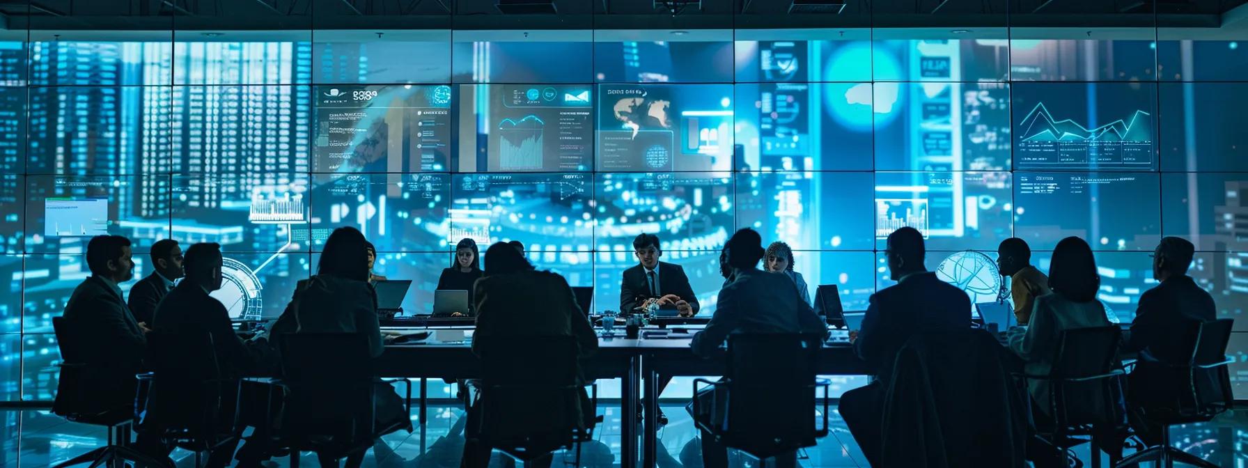 a modern office setting showcases a diverse group of professionals engaged in a dynamic leadership training session, surrounded by digital learning interfaces displaying analytics and skill development metrics on sleek screens, highlighting the future of organizational coaching and talent advancement.