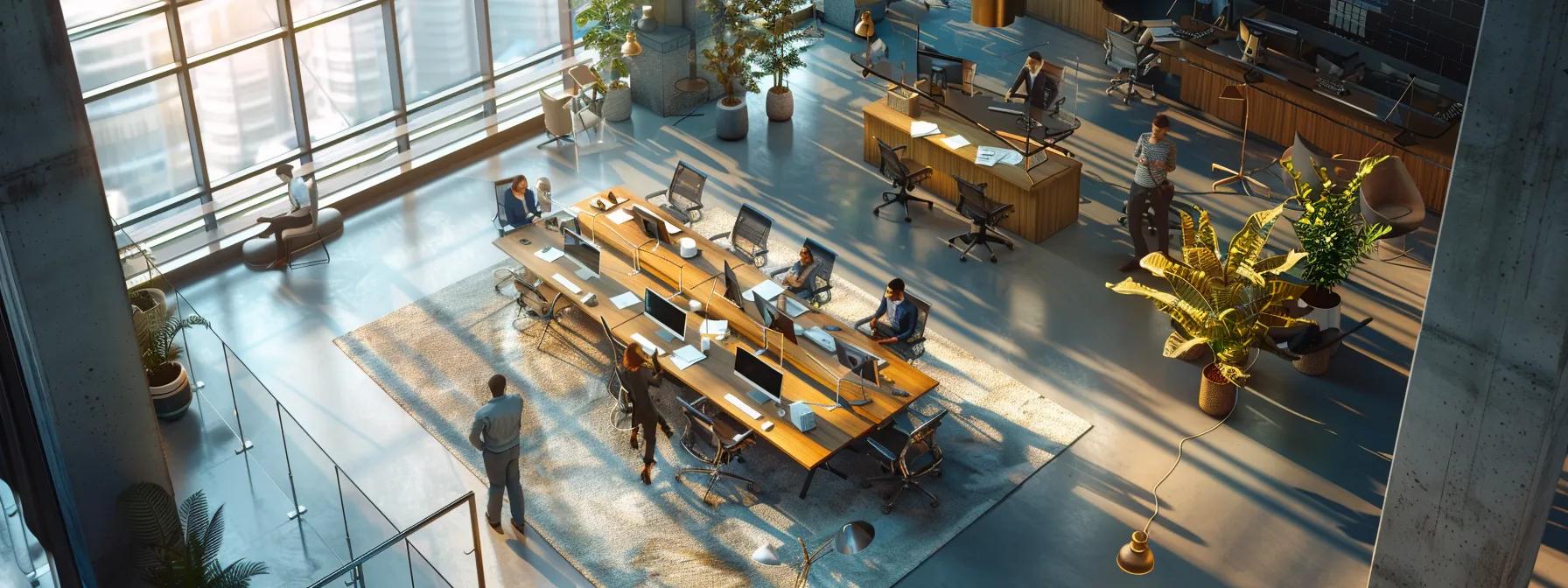 a modern office space buzzes with energy as a diverse team engages around a large table, collaboratively discussing a detailed raci matrix and team charter, highlighting structured roles and daily stand-up rituals that enhance performance and accountability. a modern office space buzzes with energy as a diverse team engages around a large table, collaboratively discussing a detailed raci matrix and team charter, highlighting structured roles and daily stand-up rituals that enhance performance and accountability.