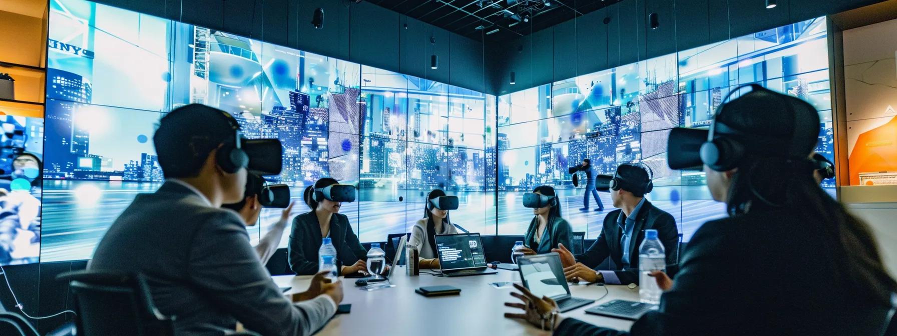 a sleek, modern conference room is filled with diverse team members engaged in an interactive virtual reality training session, surrounded by holographic displays showcasing ai-driven analytics and sustainability frameworks, highlighting the integration of technology in leadership and team development.