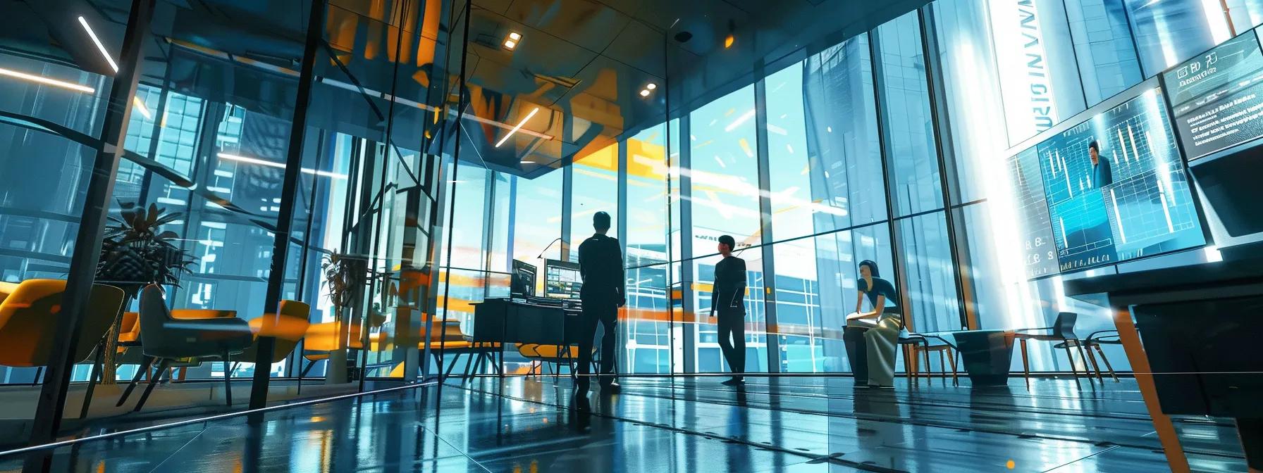a sleek, modern office setting showcases a collaborative team engrossed in a digital presentation displaying a comparison chart of leadership solutions and their agility benefits, emphasizing vibrant data visuals against a backdrop of glass walls and contemporary furnishings. a sleek, modern office setting showcases a collaborative team engrossed in a digital presentation displaying a comparison chart of leadership solutions and their agility benefits, emphasizing vibrant data visuals against a backdrop of glass walls and contemporary furnishings.