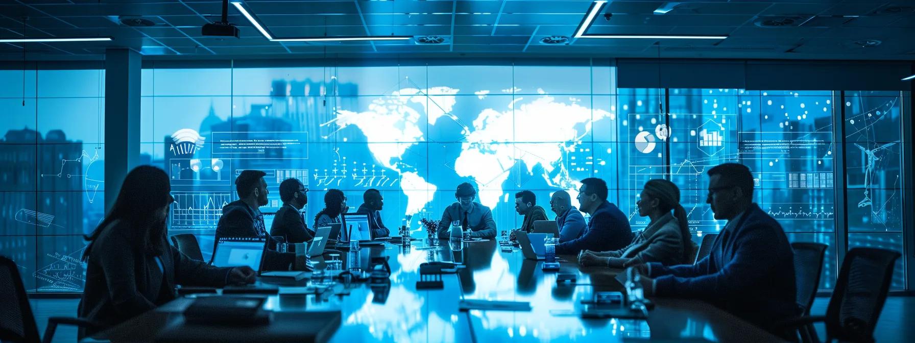 an executive team engages in a dynamic workshop within a sleek, modern conference room, surrounded by digital dashboards displaying real-time analytics and collaborative brainstorming tools that illustrate the principles of leadership transformation strategies.
