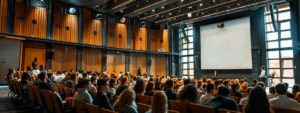 a bustling modern conference room filled with engaged professionals, leaning in attentively as an executive delivers an inspiring presentation on building a resilient workforce through cultural engagement and effective communication, illuminated by sharp overhead lighting that enhances the focus on dynamic expressions and interactive discussions.