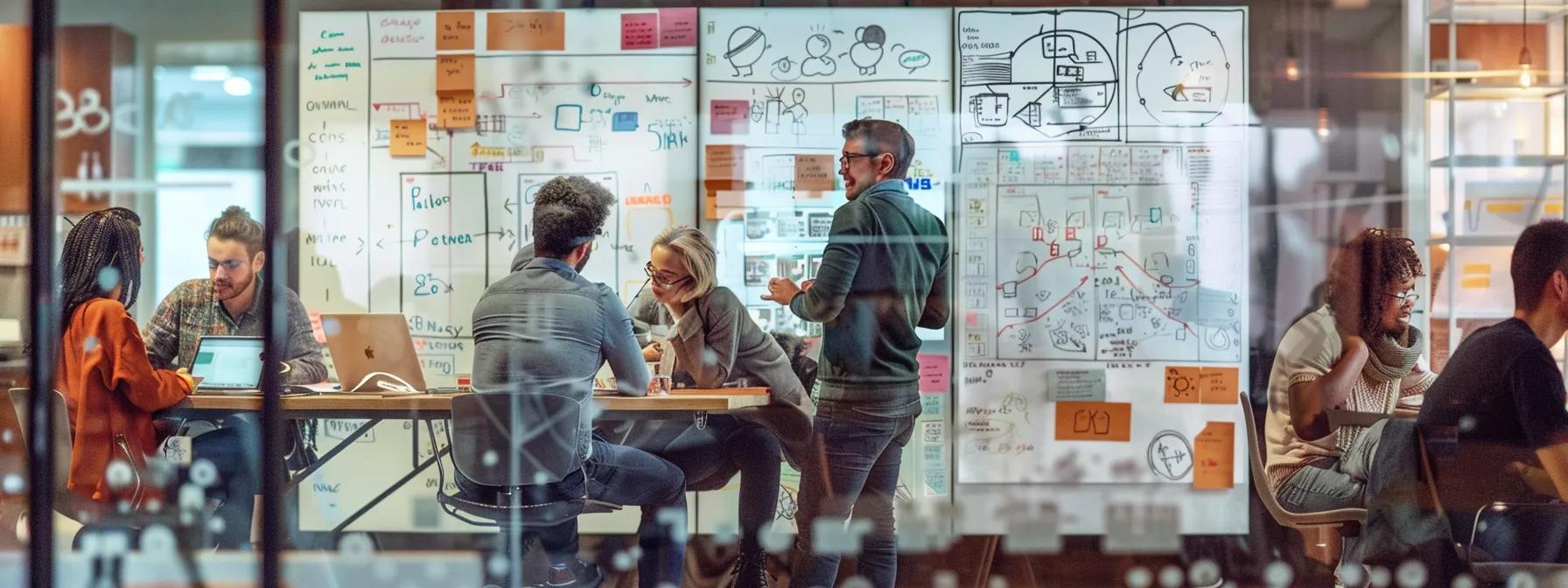 a dynamic office environment showcases a diverse group of professionals engaged in a collaborative brainstorming session, surrounded by whiteboards filled with colorful agile process diagrams and strategic roadmaps, embodying the synergy between visionary leadership and agile practices.