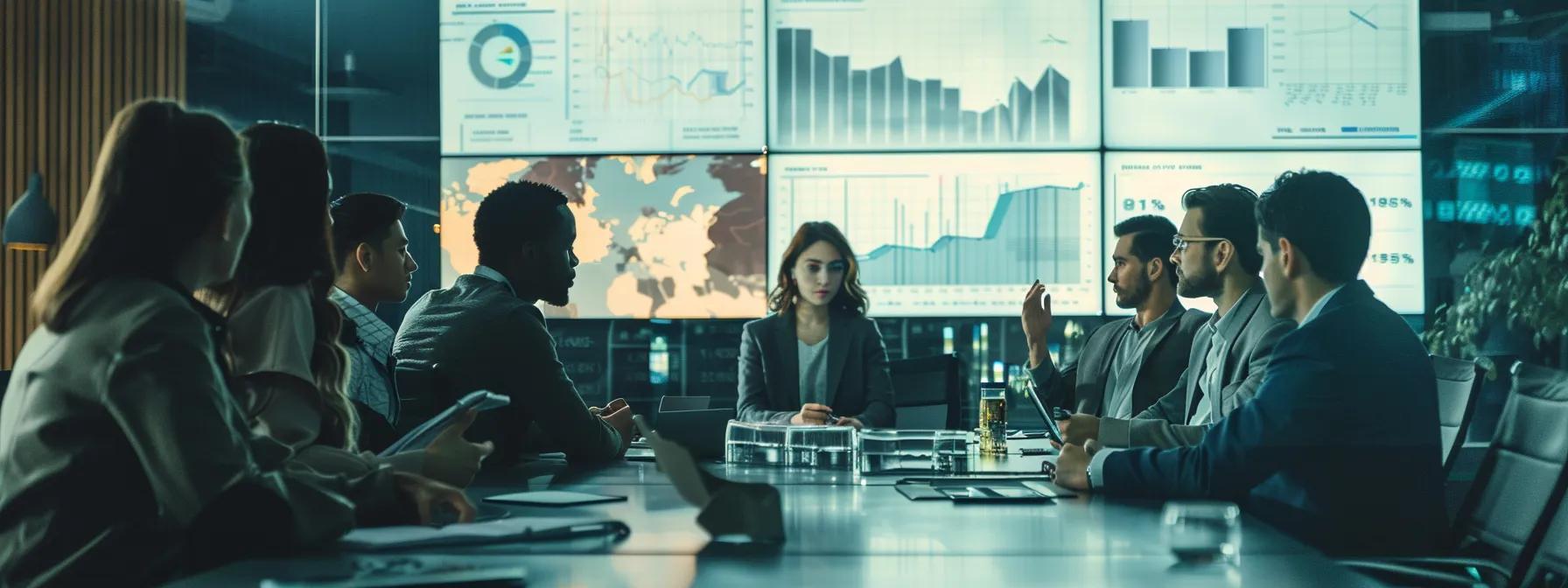 a dynamic office setting showcases a diverse group of professionals engaged in an intense brainstorming session around a conference table, with visual charts and graphs displayed on digital screens, symbolizing collaboration and effective team development.