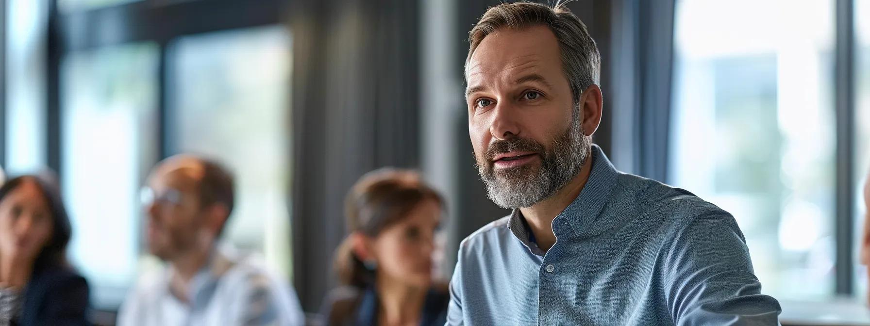 a focused executive in a modern conference room delivers a dynamic presentation, with engaging facial expressions and impactful body language, emphasizing the importance of effective communication in leadership.