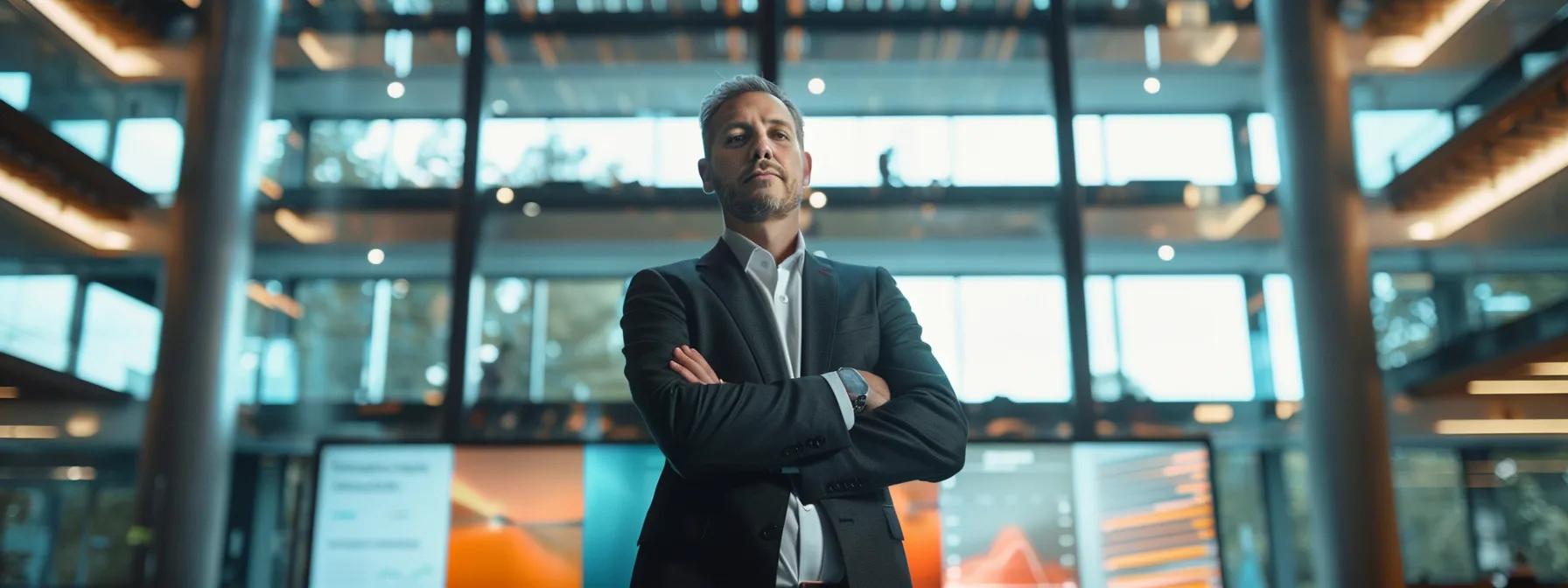 a confident executive, illuminated by focused overhead lighting in a sleek modern office, stands before a large digital screen displaying impactful strategic messages, embodying the essence of refined communication and leadership influence.