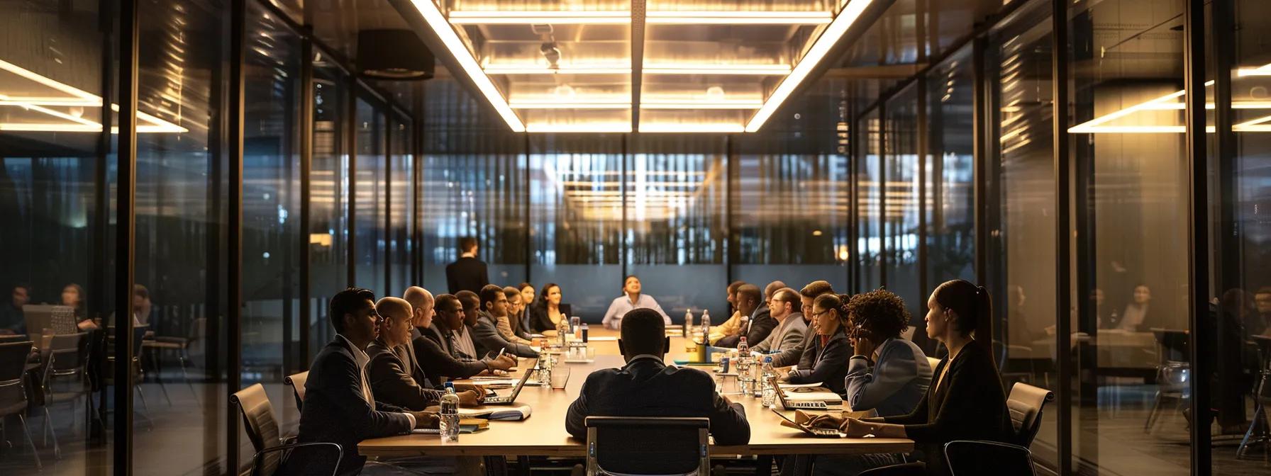 a dynamic conference room filled with diverse professionals engaged in a strategic brainstorming session, illuminated by modern overhead lighting, emphasizing collaboration and innovative ideas in a sleek corporate environment.