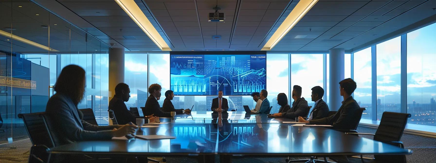 a dynamic executive meeting in a sleek, modern conference room, featuring diverse leaders engaged in vibrant discussion, with a digital presentation highlighting visionary leadership concepts on a large screen, illuminated by sharp overhead lighting.