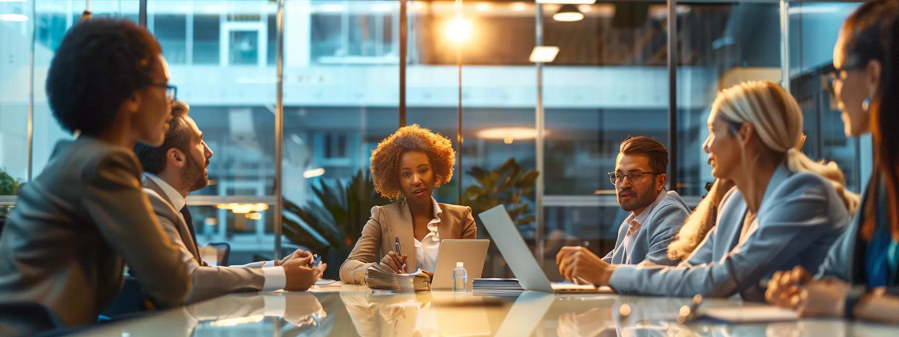 a dynamic office environment showcases a diverse team engaged in an interactive coaching session, with an assertive executive coach leading discussions around a sleek conference table illuminated by warm, focused lighting.