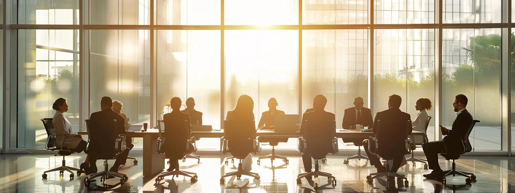 a focused executive team collaborates around a sleek, modern conference table in a bright, stylish office, engaging in dynamic discussions to realign company culture with leadership vision through strategic planning.