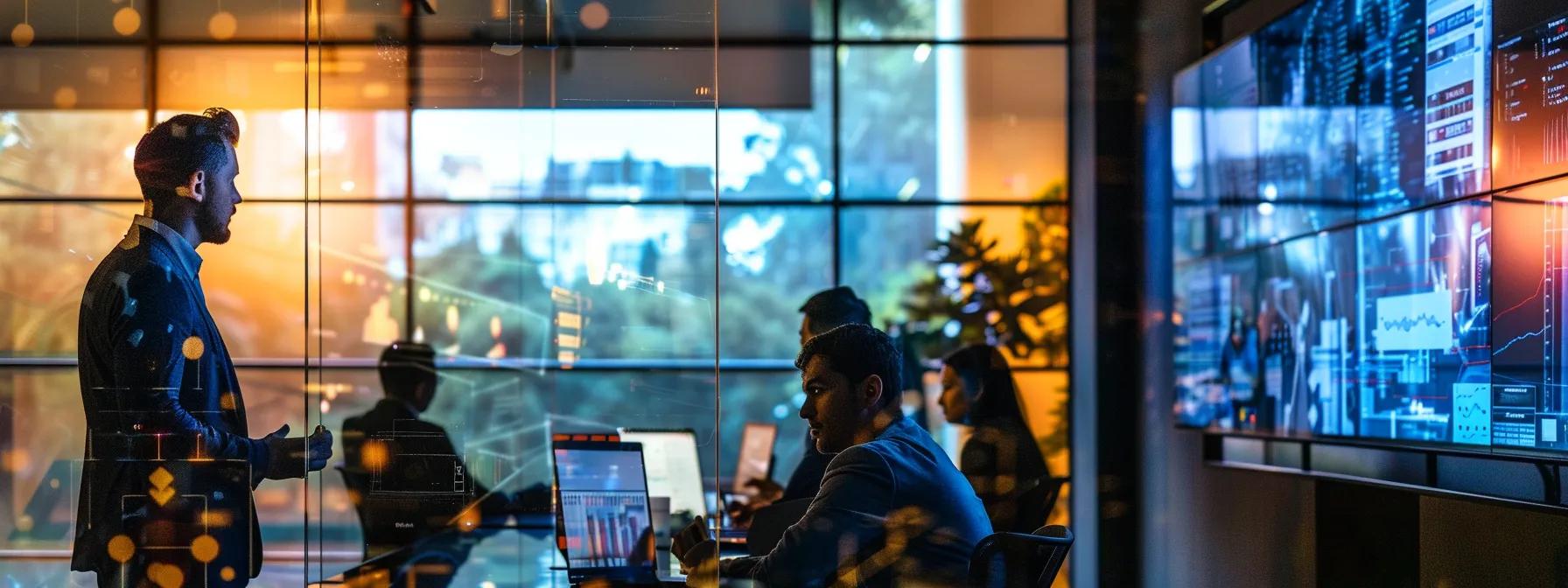 a modern office environment showcases a diverse team engaging in a dynamic strategy session, surrounded by digital displays and collaborative tools that emphasize agile methodologies and innovative project management.