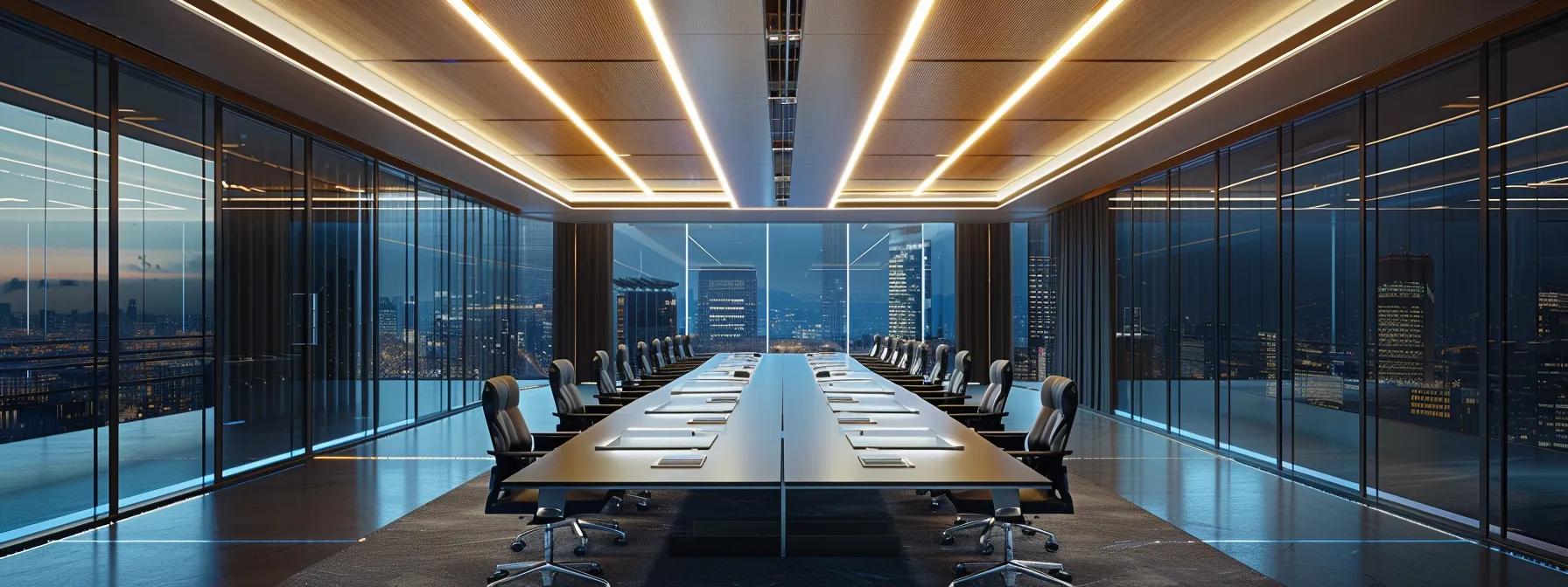 a sleek, modern conference room filled with engaged c-suite executives and senior managers, discussing innovative leadership strategies around a polished table, illuminated by dynamic overhead lighting that enhances the professional atmosphere.