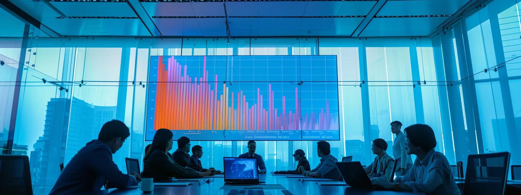 a sleek, modern conference room filled with engaged professionals analyzing colorful graphs and charts displayed on digital screens, emphasizing the measurable impact of coaching on organizational culture and resilience.