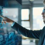 a confident business consultant stands in a modern office, strategically pointing to a digital transformation roadmap displayed on a sleek touchscreen, illuminated by dynamic blue and white lighting that enhances the atmosphere of innovation and leadership.